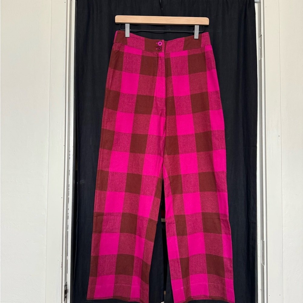 Ali Golden Silk Fly Front Pants in Pink and Rust plaid